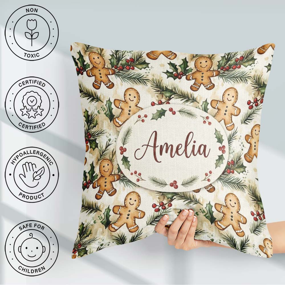 Custom Name Cute Cookies with Holly and Pine Branches Seamless Square Filled Cushion Throw Pillow Sofa Bed Home Decor Zip Washable UK Made