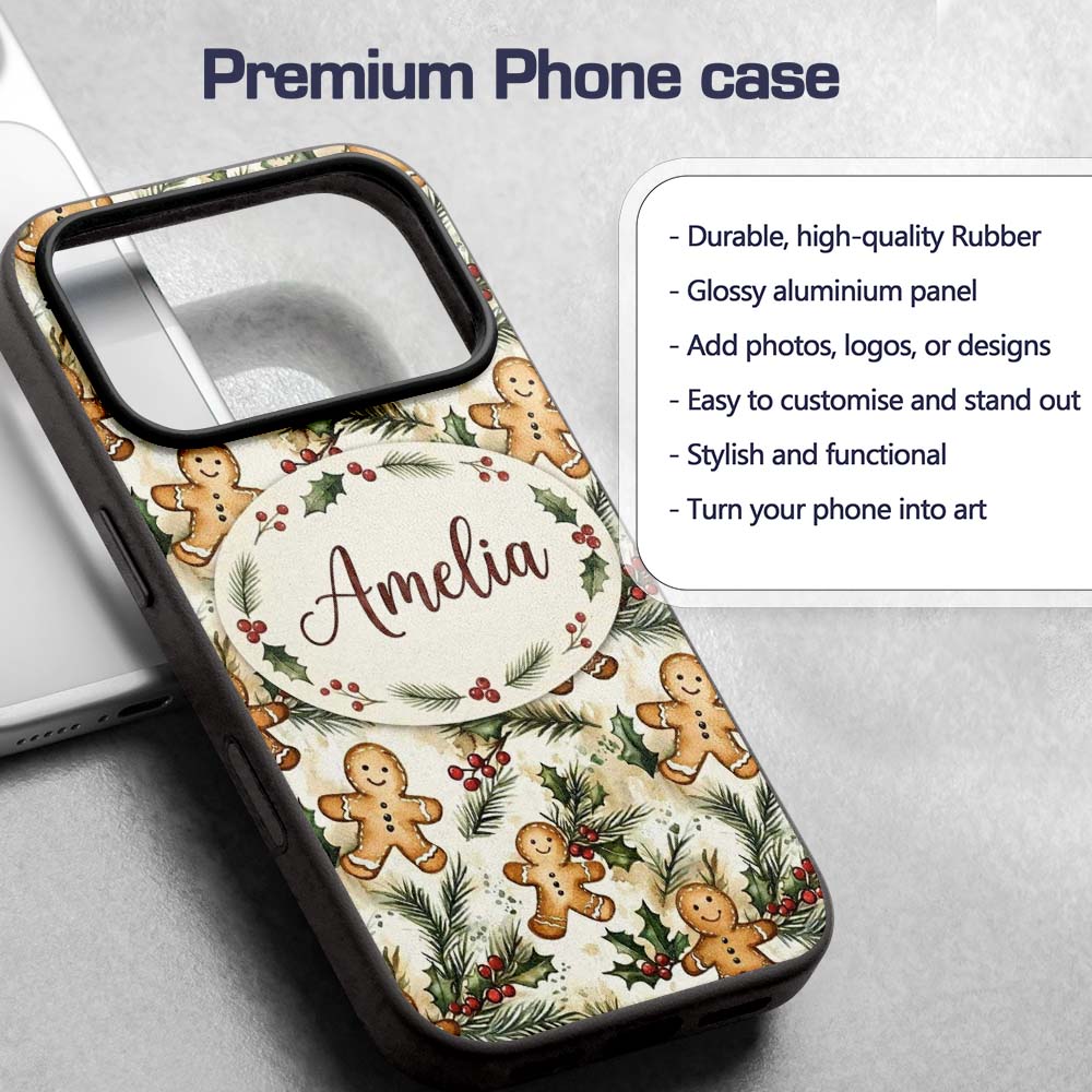 Cute Gingerbread Cookies with Holly and Pine Custom Name Protective Phone Case Mobile Cover Durable Everyday Smartphone Shock Resistant