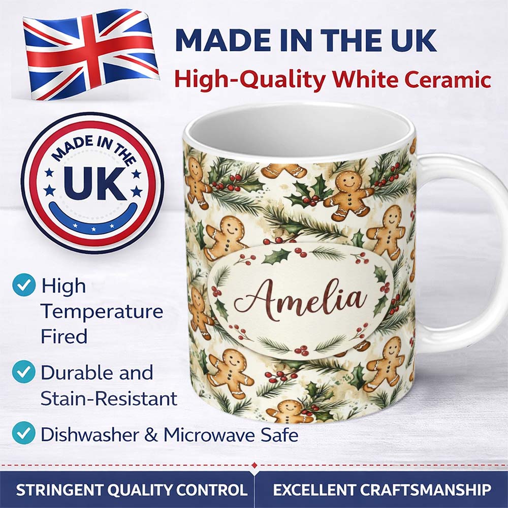 Personalized Custom Name Cute Gingerbread Cookies with Holly and Pine Branches Seamless 11oz Ceramic Coffee Tea Mug White Large Handle