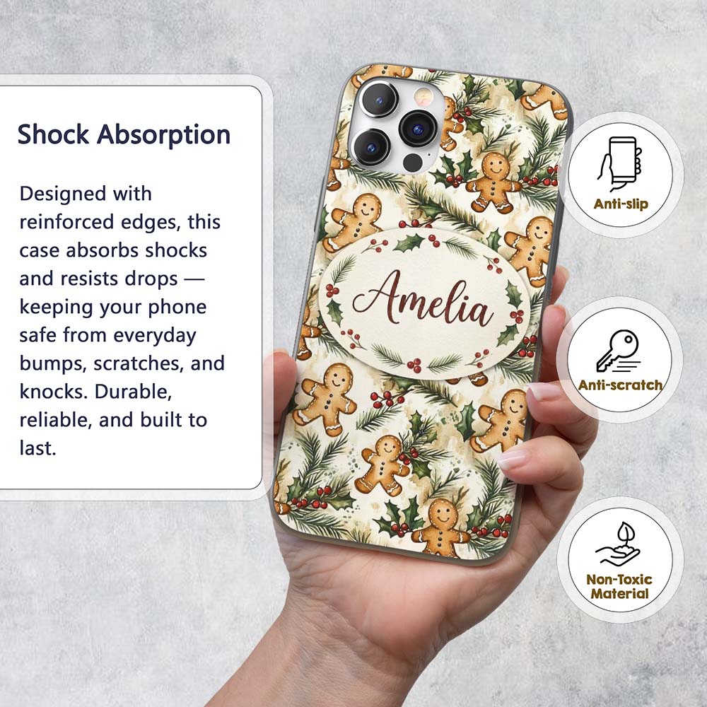 Cute Gingerbread Cookies with Holly and Pine Custom Name Protective Phone Case Mobile Cover Durable Everyday Smartphone Shock Resistant