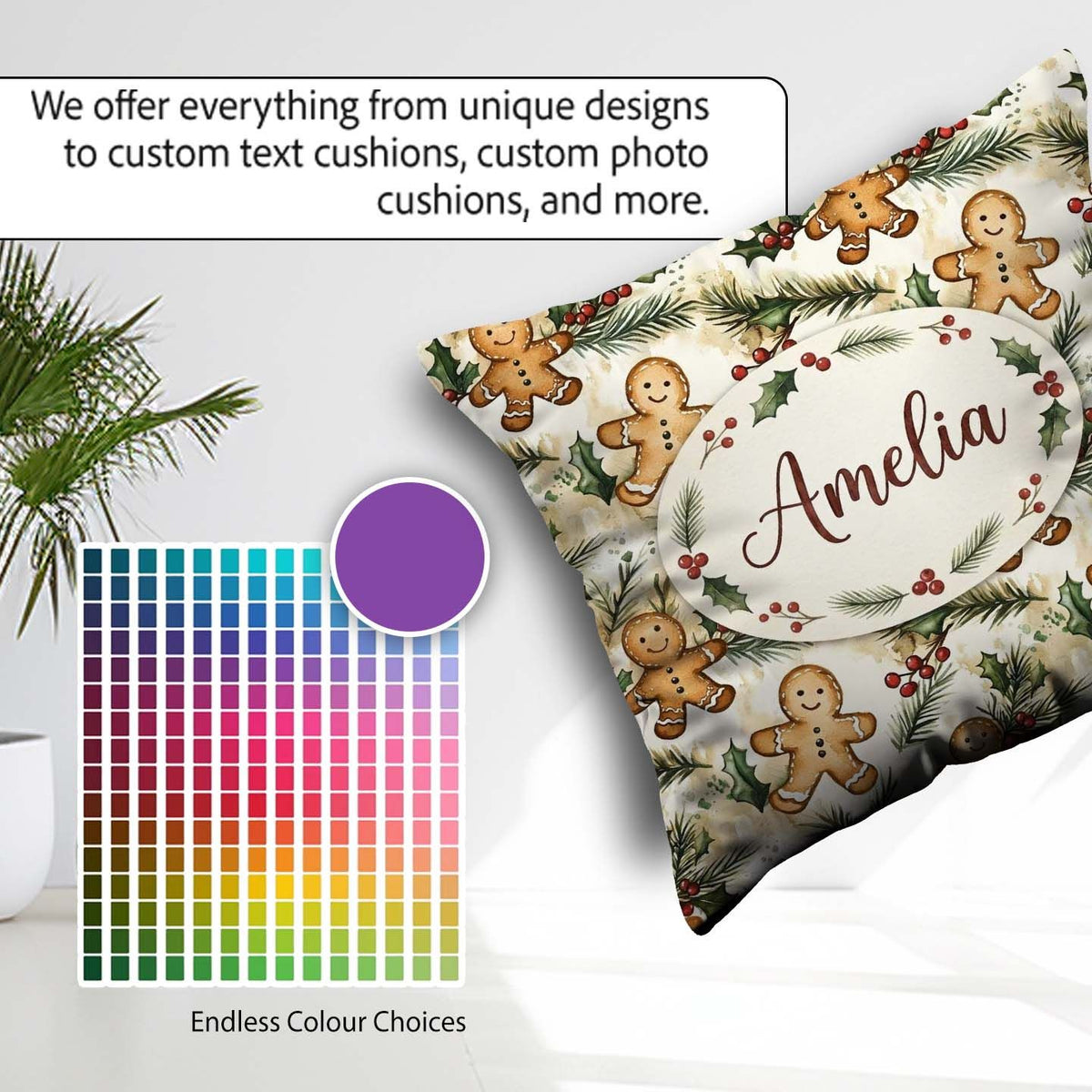 Custom Name Cute Cookies with Holly and Pine Branches Seamless Square Filled Cushion Throw Pillow Sofa Bed Home Decor Zip Washable UK Made