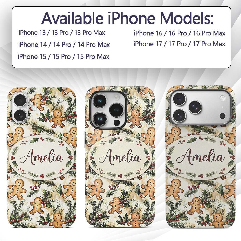 Cute Gingerbread Cookies with Holly and Pine Custom Name Protective Phone Case Mobile Cover Durable Everyday Smartphone Shock Resistant