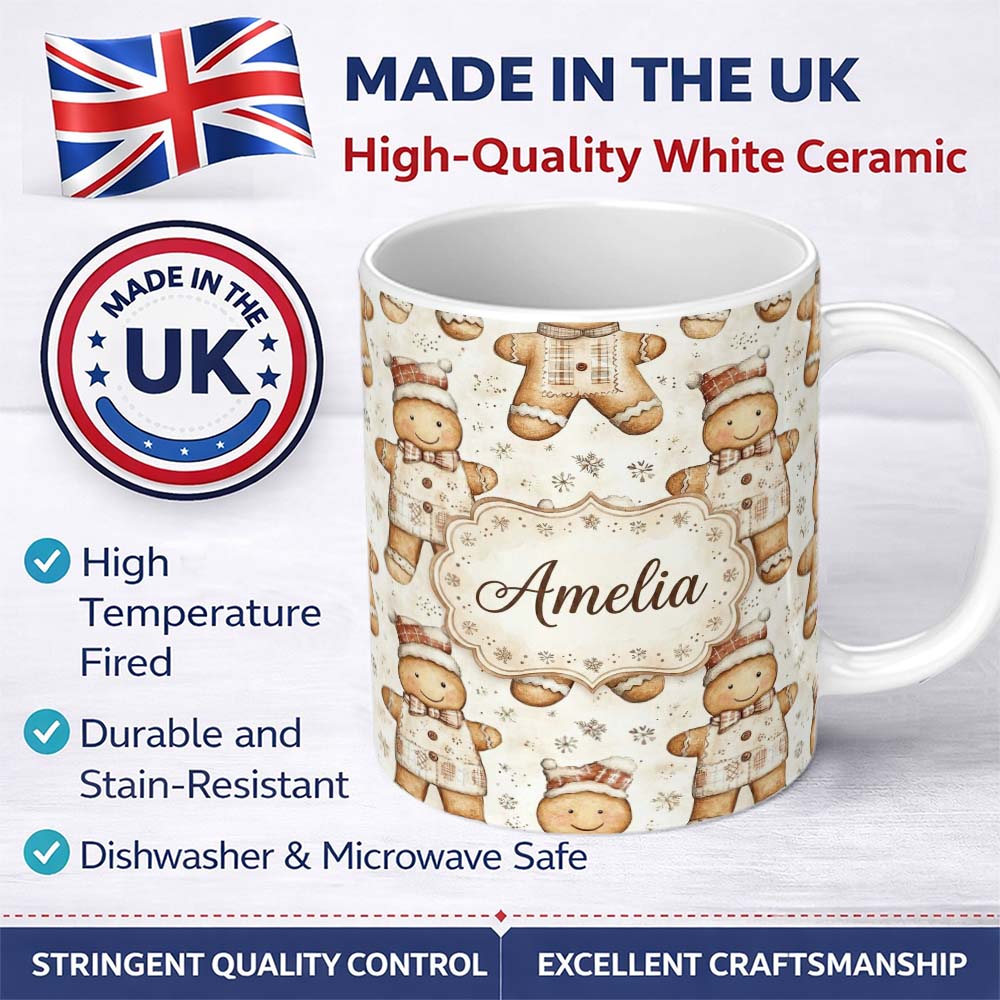 Personalized Custom Name Cute Gingerbread Dolls in Winter Outfit Seamless Pattern Name 11oz Ceramic Coffee Tea Mug White Large Handle
