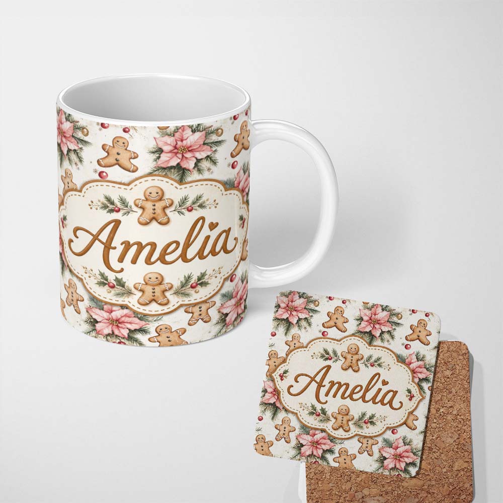 Personalized Custom Name Cute Gingerbread Cookies with Poinsettia Flowers Seamless Pattern 11oz Ceramic Coffee Tea Mug White Large Handle