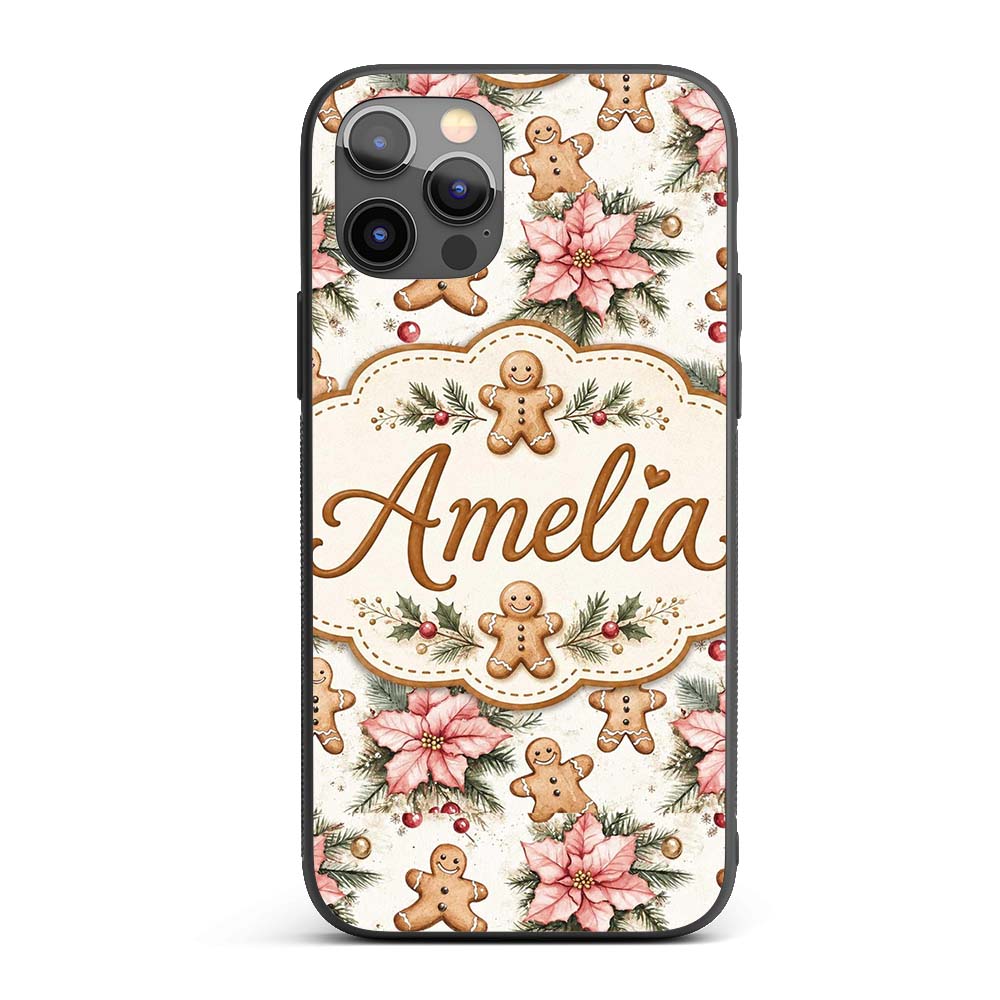 Cute Gingerbread Cookies with Poinsettia Flowers Custom Name Protective Phone Case Mobile Cover Durable Everyday Smartphone Shock Resistant