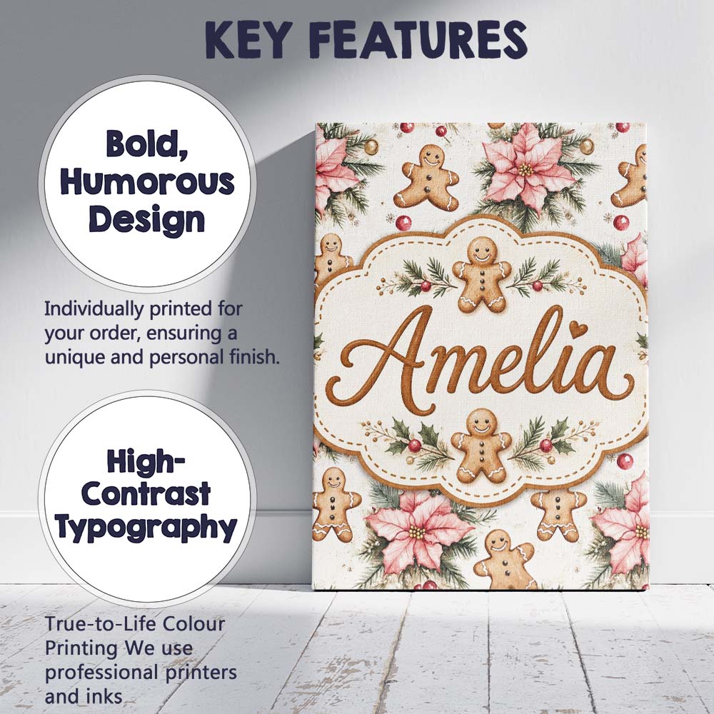 Personalised Name Cute Gingerbread Cookies Custom Unique Gift Idea Elegant Feature Canvas Wall Art Print Decor Picture Ready to Hang