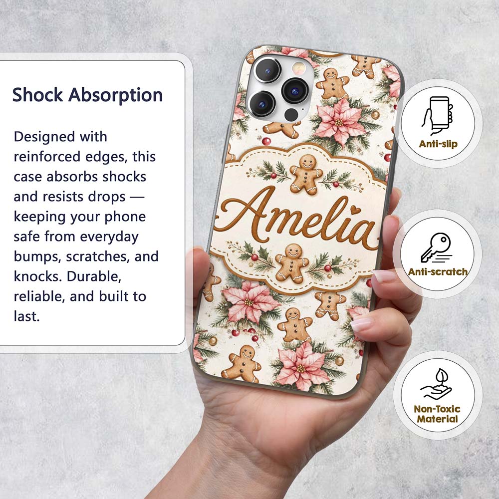 Cute Gingerbread Cookies with Poinsettia Flowers Custom Name Protective Phone Case Mobile Cover Durable Everyday Smartphone Shock Resistant