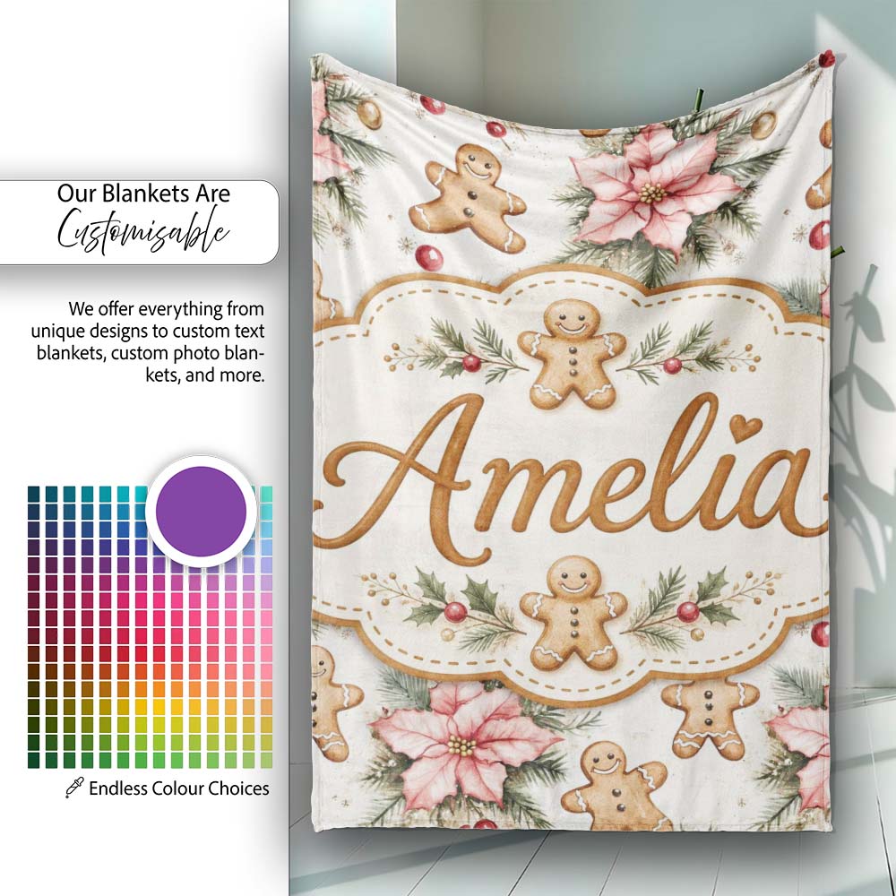 Cute Gingerbread Cookies with Poinsettia Flowers Seamless Pattern Personalised Custom Name Super Soft Fleece Blanket Bed Sofa Throw
