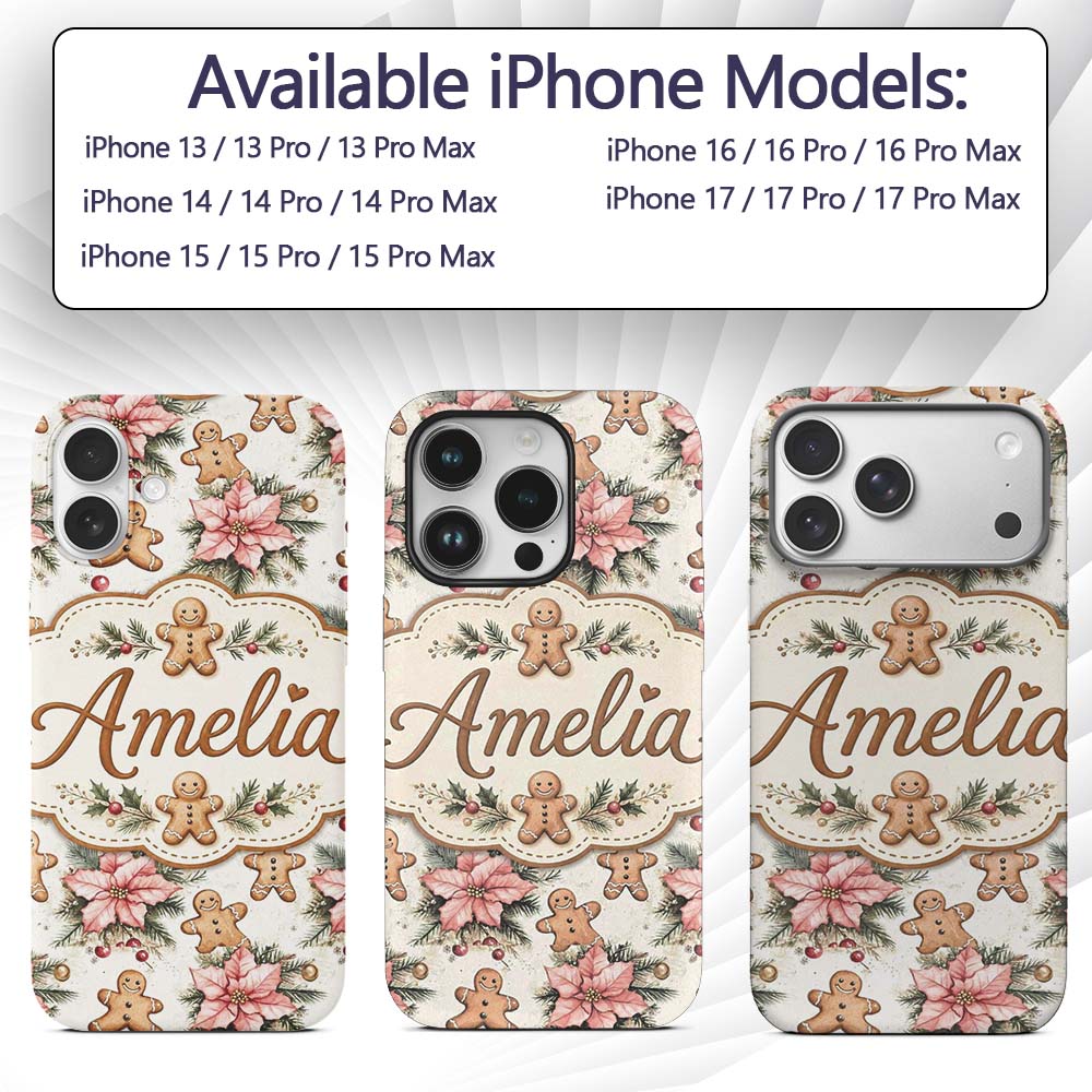 Cute Gingerbread Cookies with Poinsettia Flowers Custom Name Protective Phone Case Mobile Cover Durable Everyday Smartphone Shock Resistant
