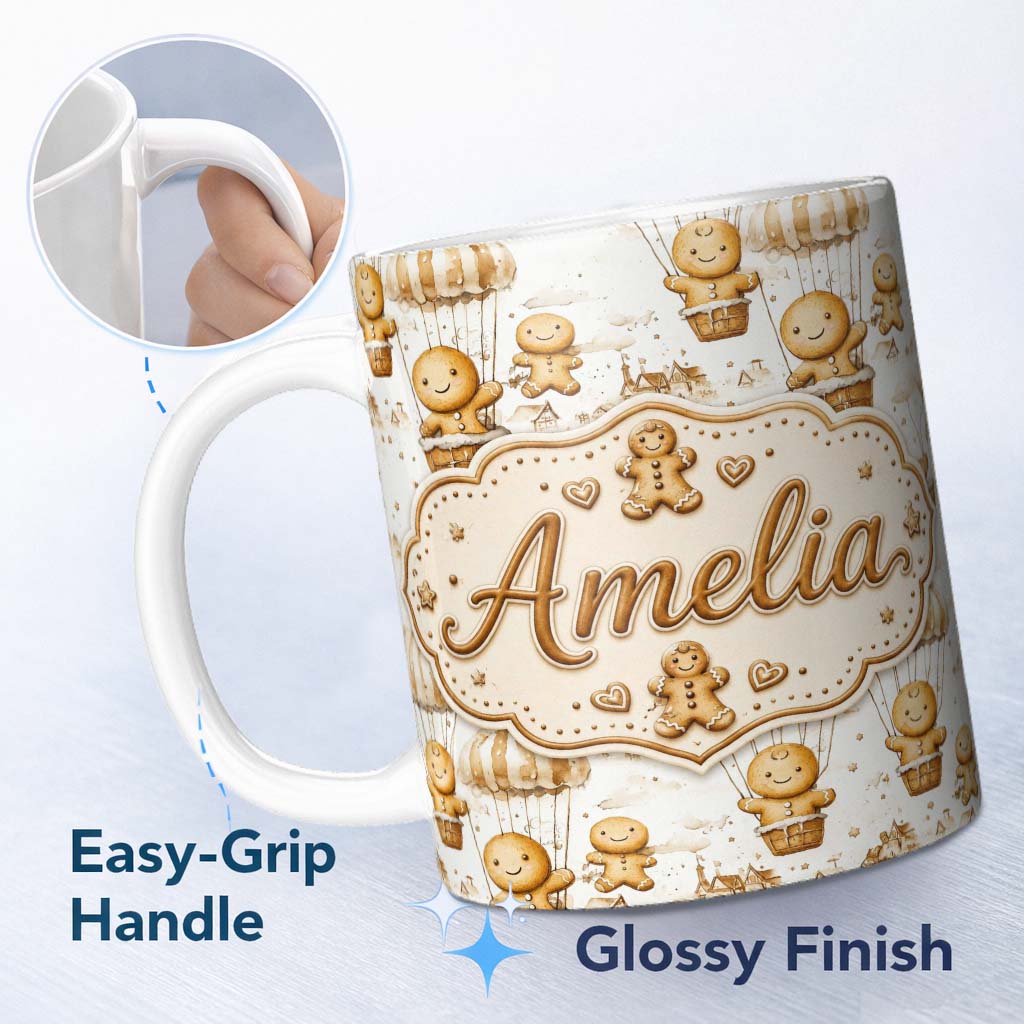 Personalized Custom Name Cute Gingerbread Characters in Hot Air Balloons Seamless Pattern 11oz Ceramic Coffee Tea Mug White Large Handle