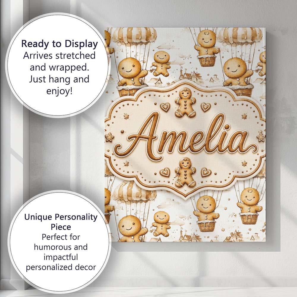 Personalised Name Cute Gingerbread Characters Custom Unique Gift Idea Modern Room Accent Canvas Wall Art Print Decor Picture Ready to Hang