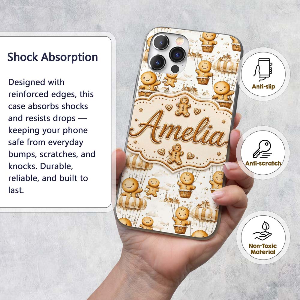 Cute Gingerbread Characters in Hot Air Balloons Custom Name Protective Phone Case Mobile Cover Durable Everyday Smartphone Shock Resistant