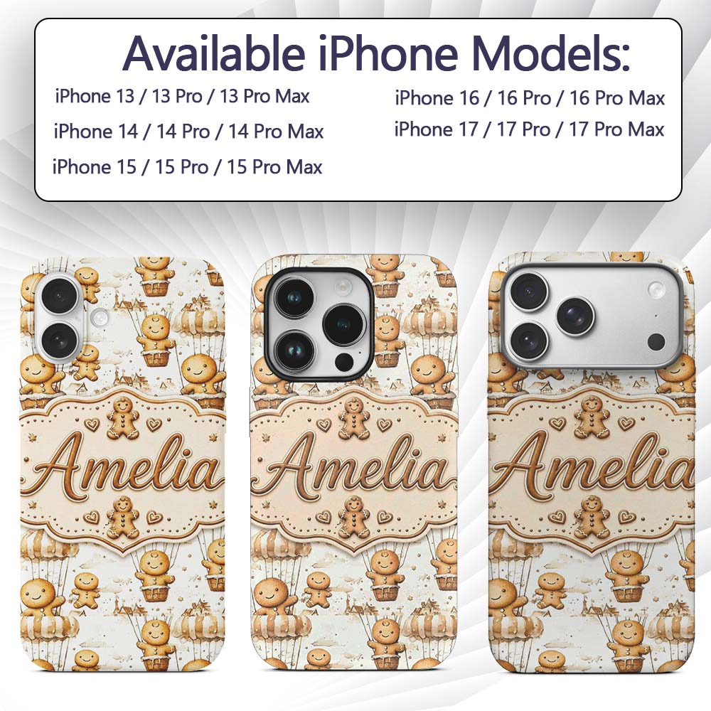 Cute Gingerbread Characters in Hot Air Balloons Custom Name Protective Phone Case Mobile Cover Durable Everyday Smartphone Shock Resistant