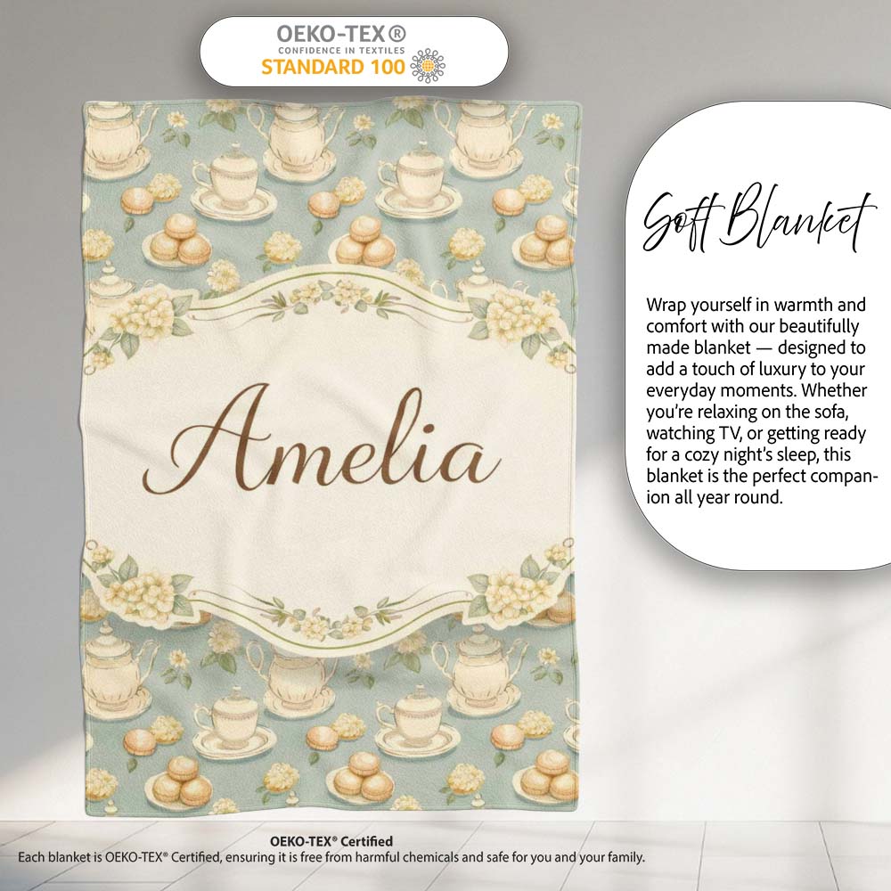 Vintage Tea Set Cupcake Dessert Seamless Pattern Cute Unique Gift Personalised Custom Name Super Soft Fleece Blanket Bed Sofa Throw