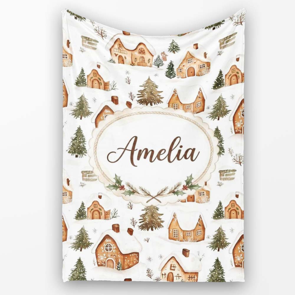 Cute Winter Village Gingerbread Houses Seamless Pattern Name Unique Personalised Custom Name Super Soft Fleece Blanket Bed Sofa Throw