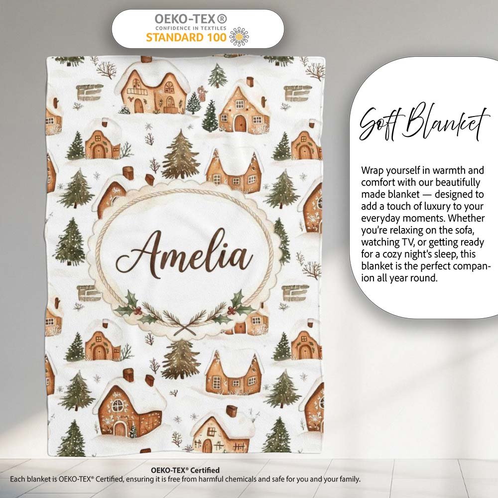 Cute Winter Village Gingerbread Houses Seamless Pattern Name Unique Personalised Custom Name Super Soft Fleece Blanket Bed Sofa Throw