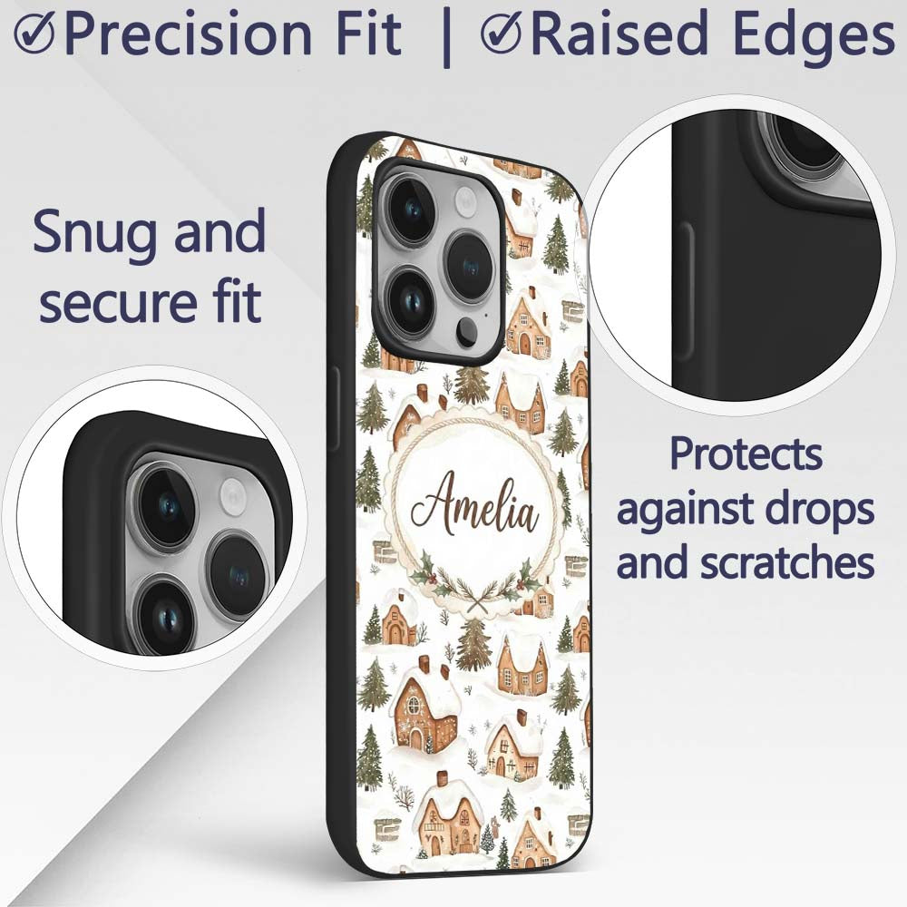 Cute Winter Village Gingerbread Houses Seamless Custom Name Protective Phone Case Mobile Cover Durable Everyday Smartphone Shock Resistant