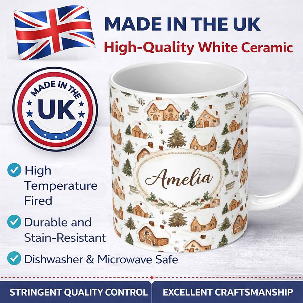 Personalized Custom Name Cute Winter Village Gingerbread Houses Seamless Pattern Name Unique 11oz Ceramic Coffee Tea Mug White Large Handle