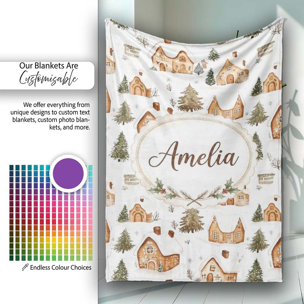 Cute Winter Village Gingerbread Houses Seamless Pattern Name Unique Personalised Custom Name Super Soft Fleece Blanket Bed Sofa Throw