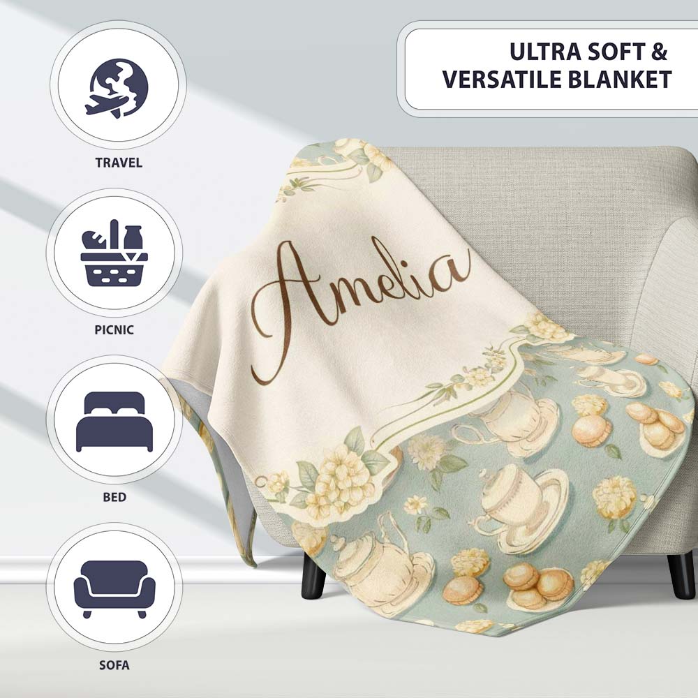 Vintage Tea Set Cupcake Dessert Seamless Pattern Cute Unique Gift Personalised Custom Name Super Soft Fleece Blanket Bed Sofa Throw
