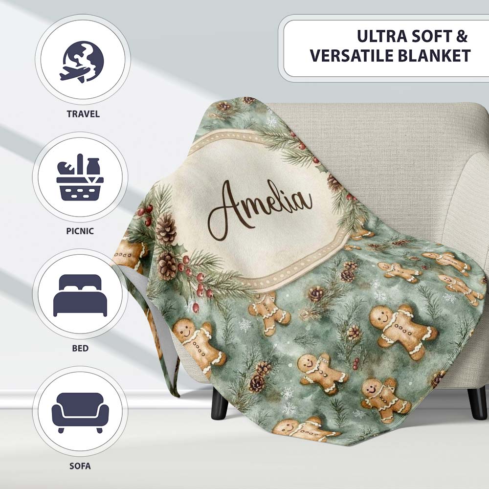 Cute Gingerbread Cookies with Pinecones and Snowflakes Seamless Personalised Custom Name Super Soft Fleece Blanket Bed Sofa Throw