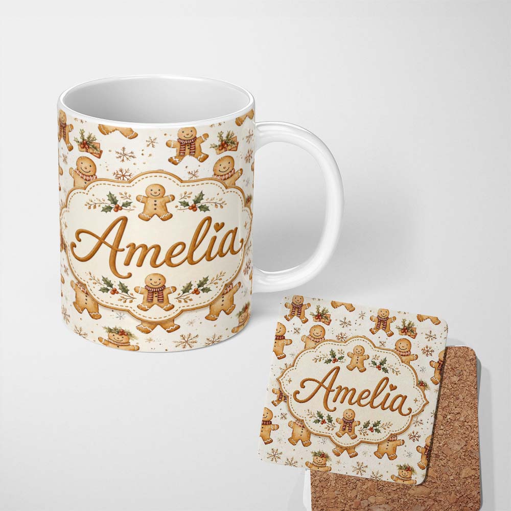 Personalized Custom Name Cute Gingerbread Cookies with Scarves and Snowflakes Seamless 11oz Ceramic Coffee Tea Mug White Large Handle