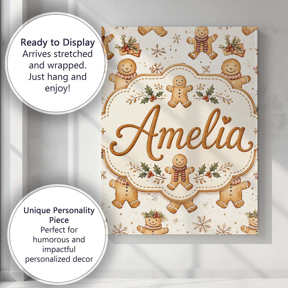Personalised Name Cute Gingerbread Cookies Custom Unique Gift Idea Elegant Feature Canvas Wall Art Print Decor Picture Ready to Hang