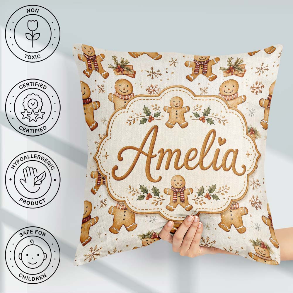 Custom Name Cute Gingerbread Cookies with Scarves and Snowflakes Square Filled Cushion Throw Pillow Sofa Bed Home Decor Zip Washable UK Made