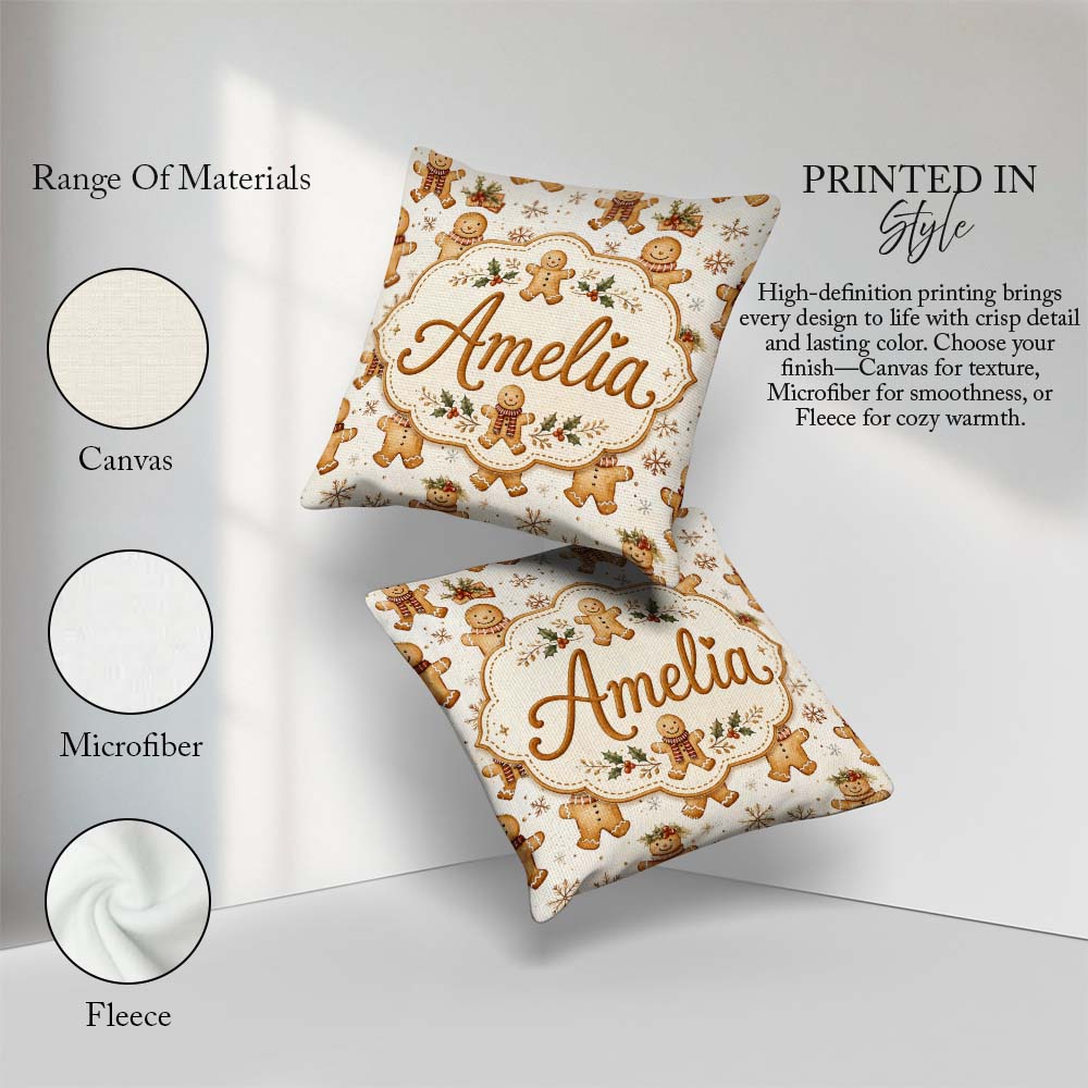 Custom Name Cute Gingerbread Cookies with Scarves and Snowflakes Square Filled Cushion Throw Pillow Sofa Bed Home Decor Zip Washable UK Made