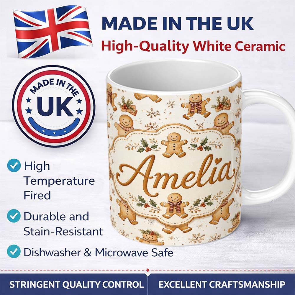 Personalized Custom Name Cute Gingerbread Cookies with Scarves and Snowflakes Seamless 11oz Ceramic Coffee Tea Mug White Large Handle