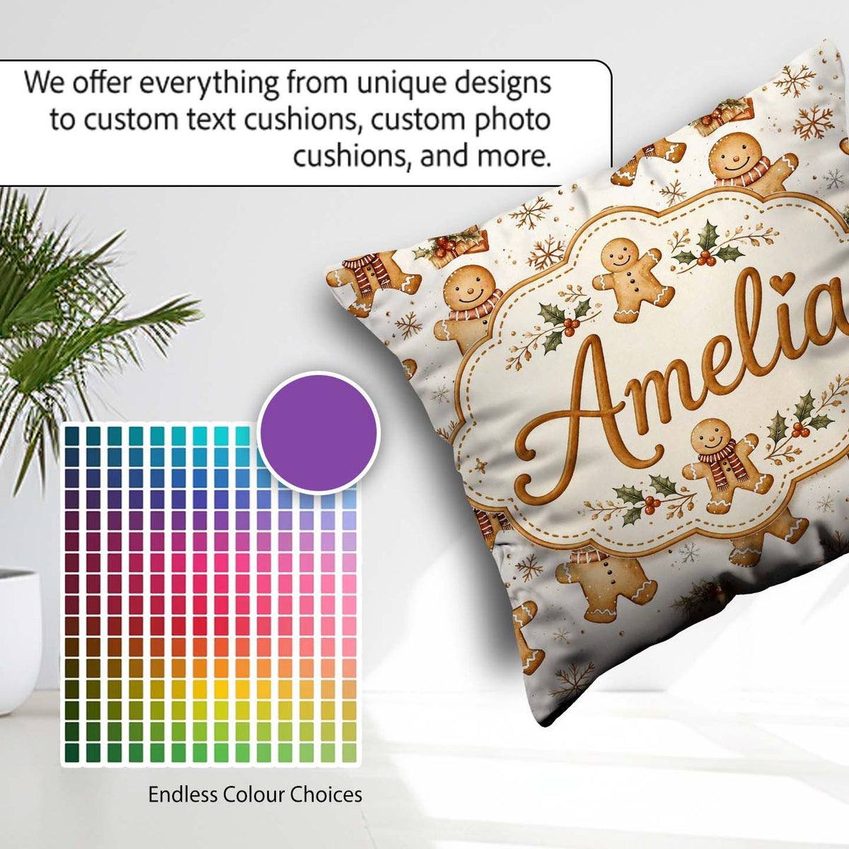 Custom Name Cute Gingerbread Cookies with Scarves and Snowflakes Square Filled Cushion Throw Pillow Sofa Bed Home Decor Zip Washable UK Made