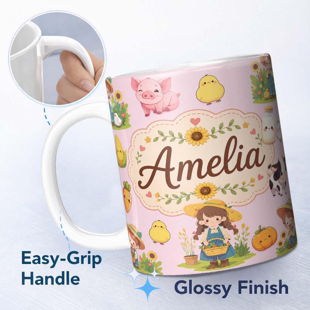 Custom Name Cute Farm Girl Animals Harvest Seamless Pattern Pink Background 11oz Ceramic Coffee Tea Mug White Large Handle