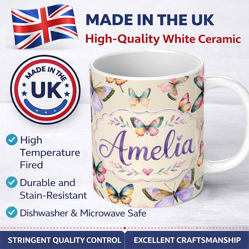 Personalized Custom Name Colorful Watercolor Butterflies on Cream Background Seamless 11oz Ceramic Coffee Tea Mug White Large Handle