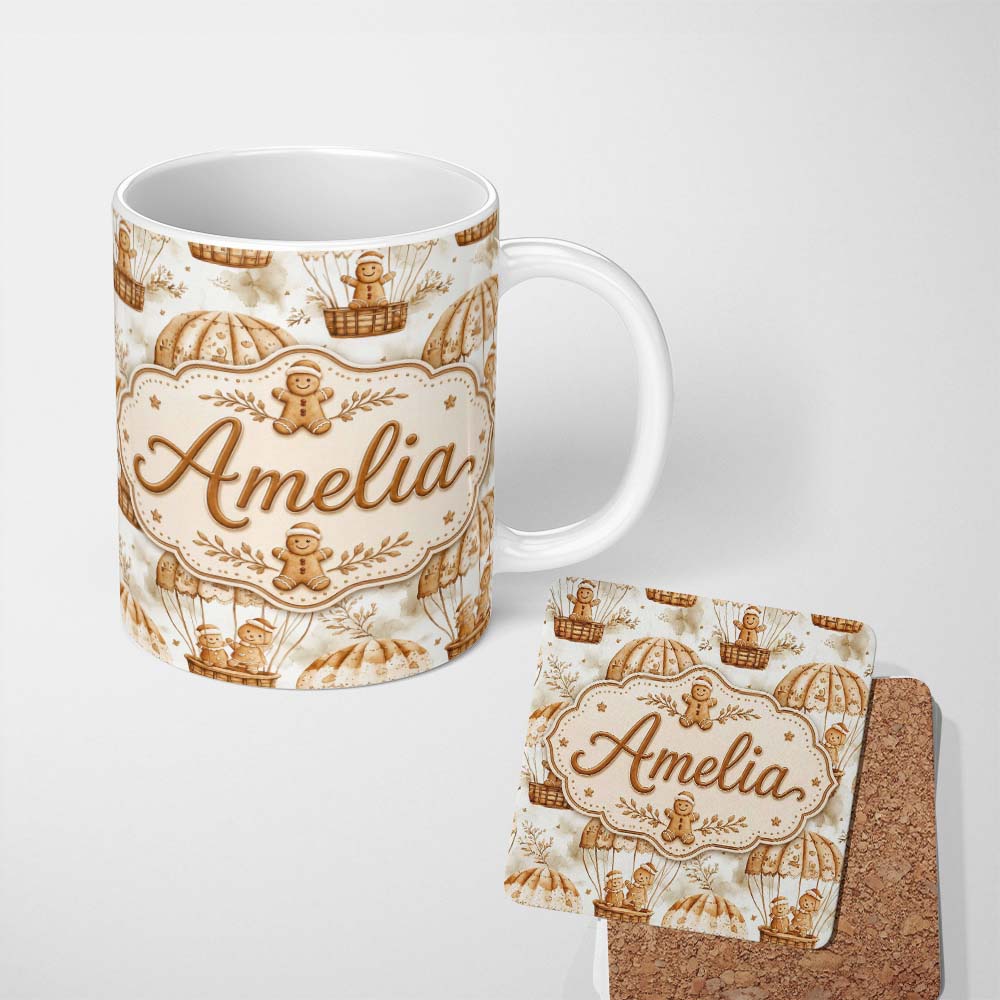 Personalized Custom Name Cute Gingerbread Friends in Hot Air Balloons Vintage Style Seamless 11oz Ceramic Coffee Tea Mug White Large Handle