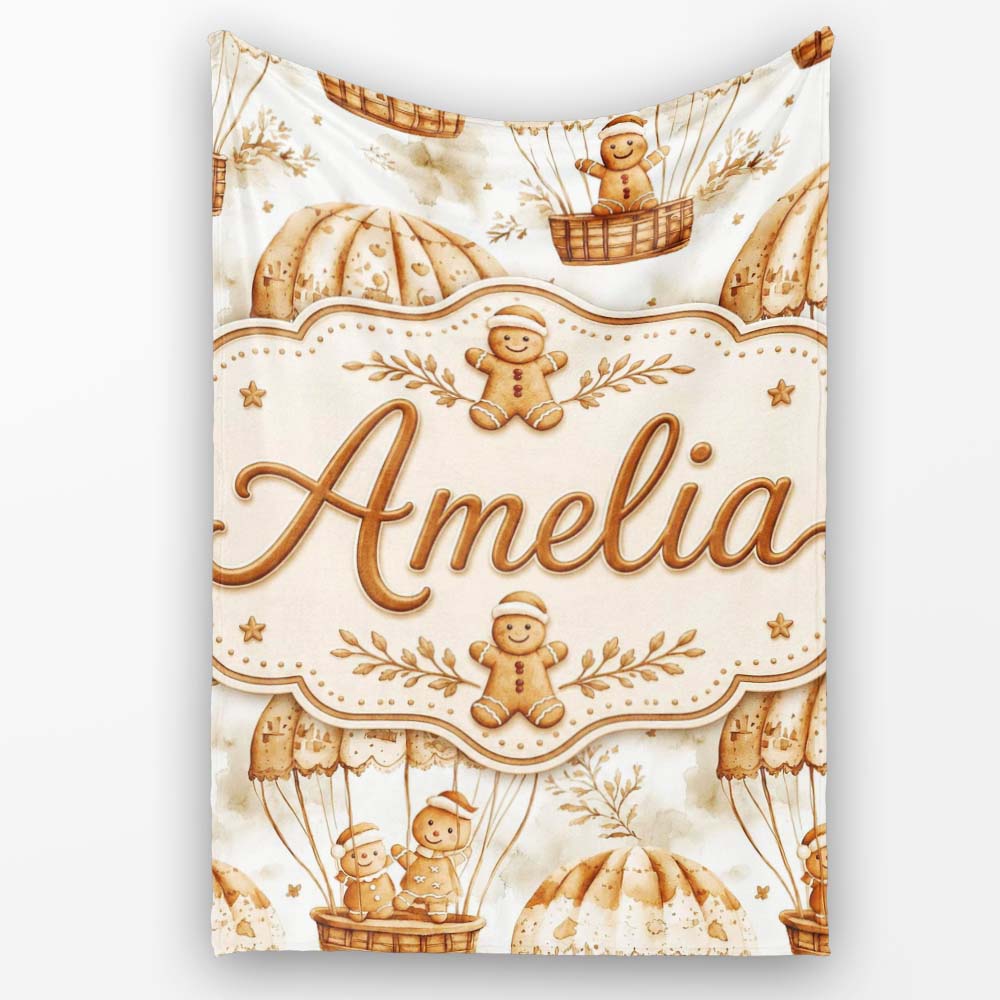 Cute Gingerbread Friends in Hot Air Balloons Vintage Style Seamless Personalised Custom Name Super Soft Fleece Blanket Bed Sofa Throw