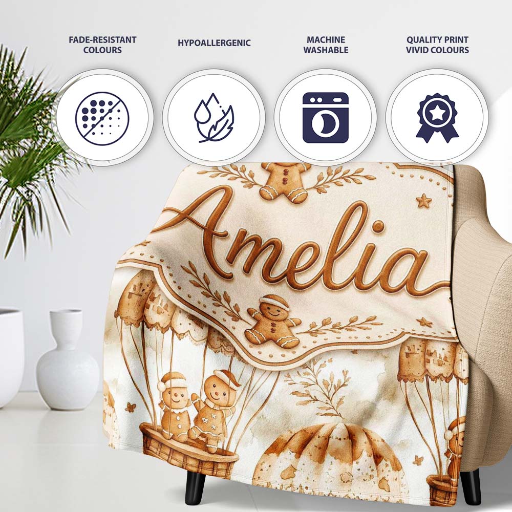 Cute Gingerbread Friends in Hot Air Balloons Vintage Style Seamless Personalised Custom Name Super Soft Fleece Blanket Bed Sofa Throw