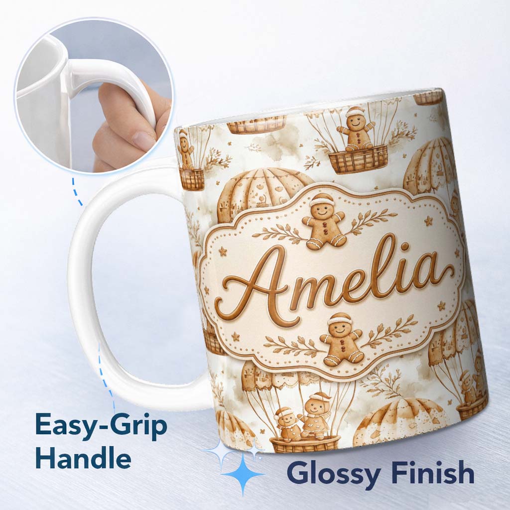 Personalized Custom Name Cute Gingerbread Friends in Hot Air Balloons Vintage Style Seamless 11oz Ceramic Coffee Tea Mug White Large Handle