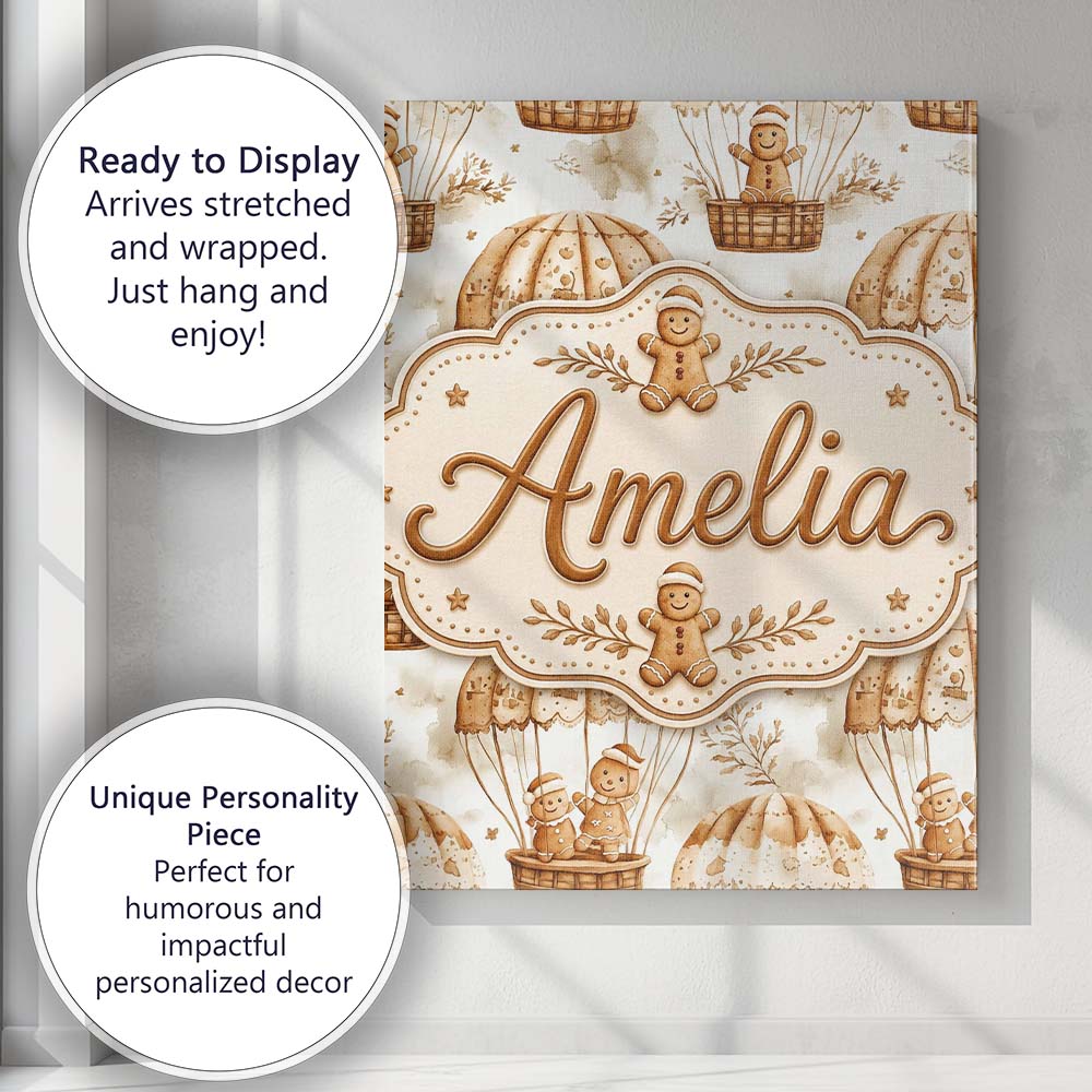 Personalised Name Cute Gingerbread Friends Custom Unique Gift Idea Elegant Feature Canvas Wall Art Print Decor Picture Ready to Hang