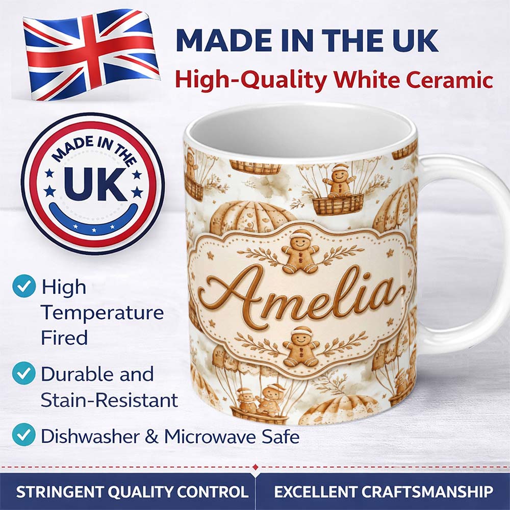 Personalized Custom Name Cute Gingerbread Friends in Hot Air Balloons Vintage Style Seamless 11oz Ceramic Coffee Tea Mug White Large Handle
