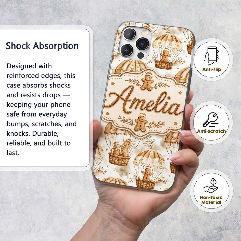 Cute Gingerbread Friends in Hot Air Balloons Custom Name Protective Phone Case Mobile Cover Durable Everyday Smartphone Shock Resistant