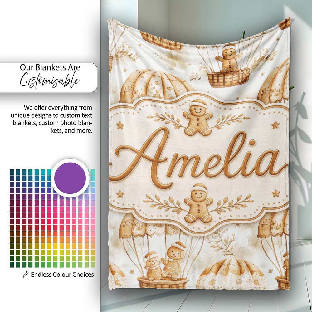 Cute Gingerbread Friends in Hot Air Balloons Vintage Style Seamless Personalised Custom Name Super Soft Fleece Blanket Bed Sofa Throw