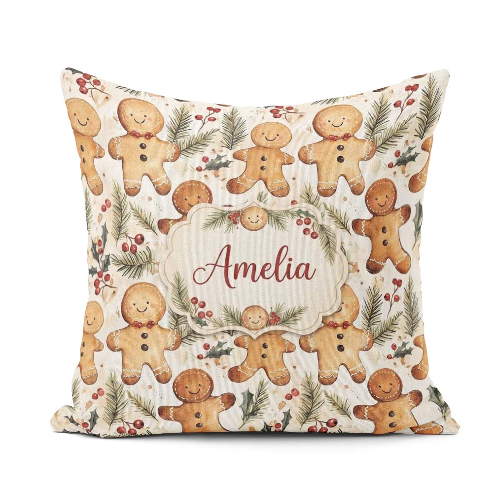 Custom Name Cute Gingerbread Cookies with Pine Branches and Red Square Filled Cushion Throw Pillow Sofa Bed Home Decor Zip Washable UK Made