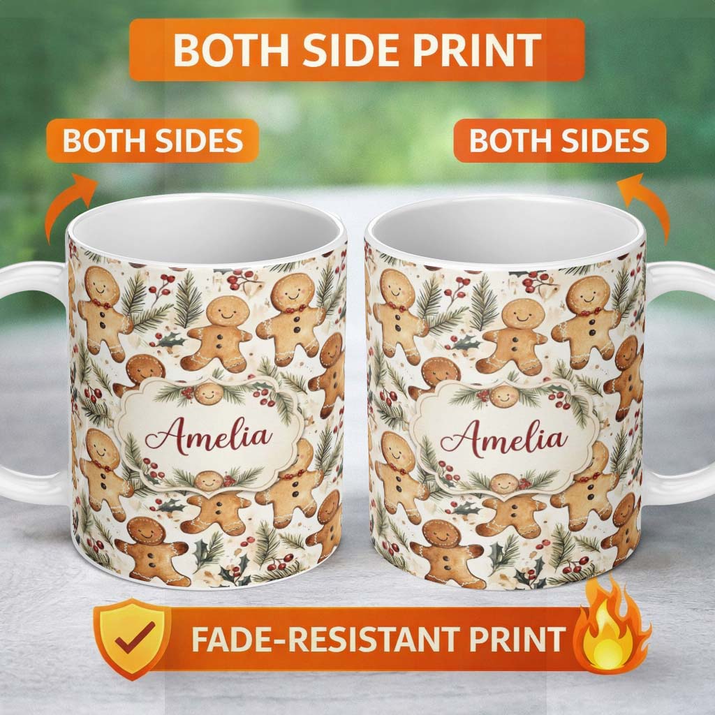 Personalized Custom Name Cute Gingerbread Cookies with Pine Branches and Red Berries 11oz Ceramic Coffee Tea Mug White Large Handle