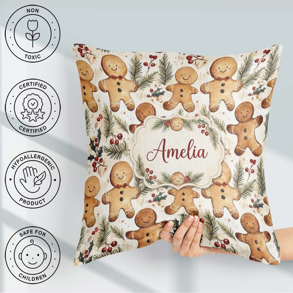 Custom Name Cute Gingerbread Cookies with Pine Branches and Red Square Filled Cushion Throw Pillow Sofa Bed Home Decor Zip Washable UK Made
