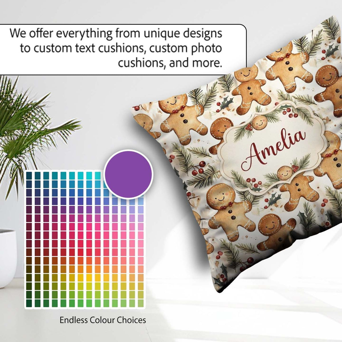 Custom Name Cute Gingerbread Cookies with Pine Branches and Red Square Filled Cushion Throw Pillow Sofa Bed Home Decor Zip Washable UK Made