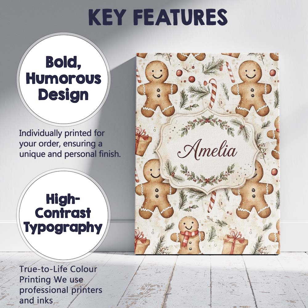 Personalised Name Cute Gingerbread Cookies Custom Unique Gift Idea Elegant Feature Canvas Wall Art Print Decor Picture Ready to Hang