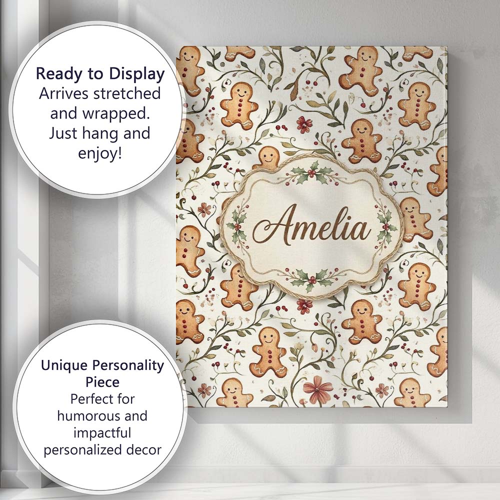 Personalised Name Cute Gingerbread Cookies Custom Unique Gift Idea Elegant Feature Canvas Wall Art Print Decor Picture Ready to Hang