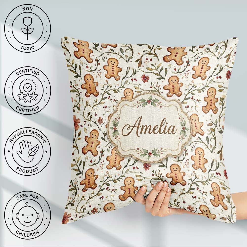 Custom Name Cute Cookies with Floral Vines and Berries Seamless Square Filled Cushion Throw Pillow Sofa Bed Home Decor Zip Washable UK Made