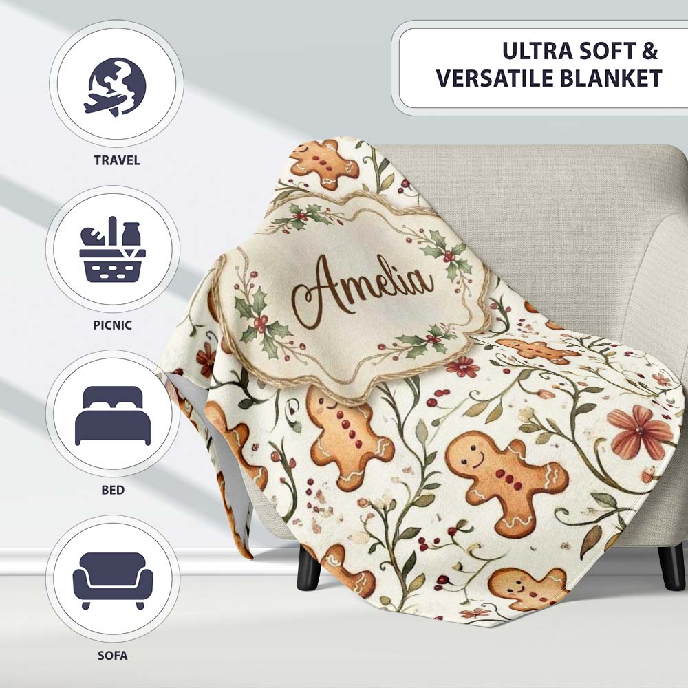 Cute Gingerbread Cookies with Floral Vines and Berries Seamless Personalised Custom Name Super Soft Fleece Blanket Bed Sofa Throw