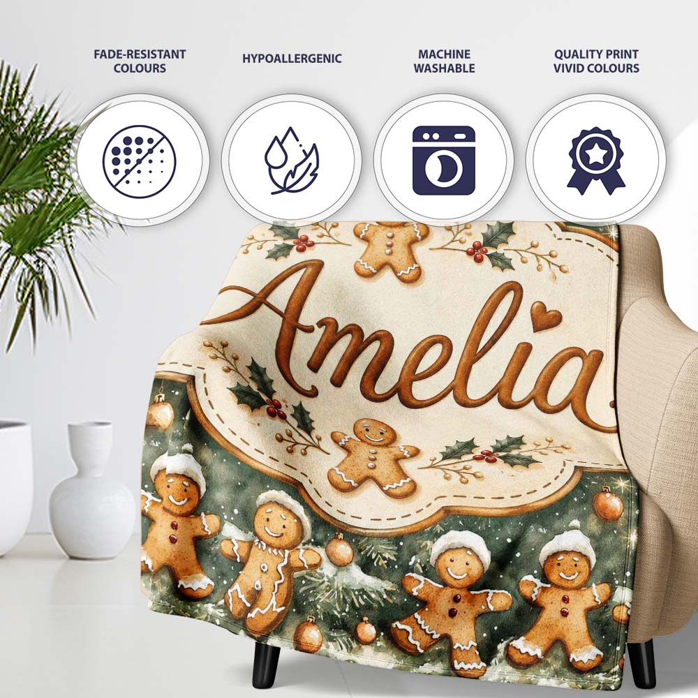 Cute Gingerbread Cookies on Christmas Tree Background Seamless Personalised Custom Name Super Soft Fleece Blanket Bed Sofa Throw